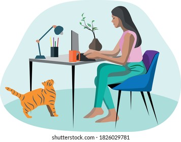 Working at home concept design. Freelance woman working with laptop on the table in the house. Online study and education. Editable vector illustration.