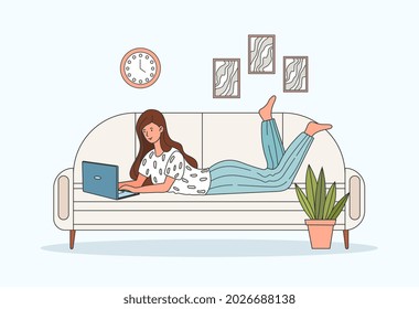 Working at home concept. Freelancer lying on couch and working on laptop. Remote work. Order fulfillment. Lack of clear work schedule. Cartoon flat vector illustration isolated on light background