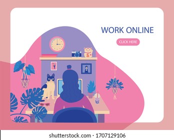 Working home concept- girl with blue hair works on her laptop at home. SMM Banner, landing page, flyer. Modern flat illustration in modern colors.
