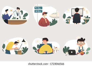 Working at home, concept illustration. Freelance people working on laptops and computers from home. Flat style vector illustration of character working from home.