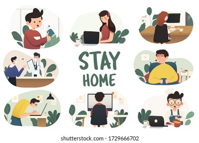 Working at home, concept illustration. Freelance people working on laptops and computers from home. Flat style vector illustration of character working from home.