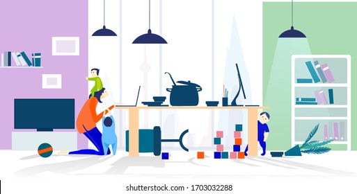 Working from home concept illustration. Lockdown, family stuck in home with kids during quarantine. Plan your day. Freelance. Work from home. Home office, remote working. 