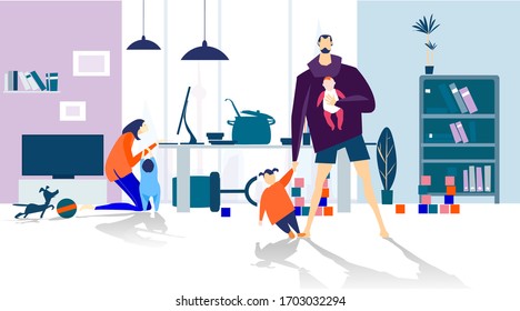 Working from home concept illustration. Lockdown, family stuck in home with kids during quarantine. Plan your day. Freelance. Work from home. Home office, remote working. 