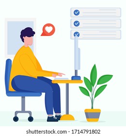 Trabajar en la ilustración de concepto en casa. Muchos freelancers trabajando en laptops y computadoras en casa. Gente en casa en cuarentena. Ilustración de estilo plano vectorial.