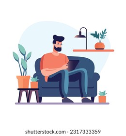 Working at home concept illustration. Online shopping. Young people, man and woman freelancers working on laptops and computers at home. Vector flat style illustration, minimalistic, simple style.