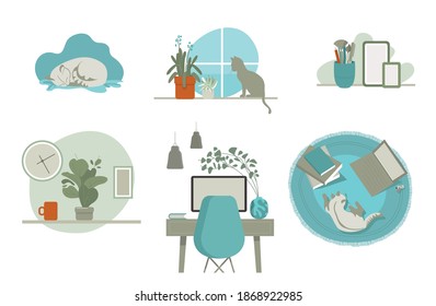 
Working at home, concept illustration. People at home in quarantine. Interior decoration atmosphere. 