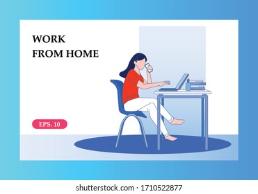 Working at home concept illustration woman freelancers working on laptops and computers at home.