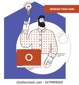 Working at home, concept illustration. Young mаn working on laptop and generating ideas at home. Flat style modern vector illustration.