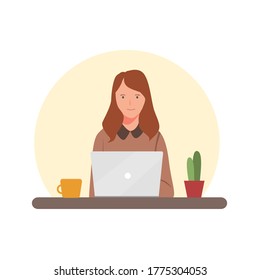 Working from home concept Illustration. Young woman working on her laptop. Vector Illustration in flat style
