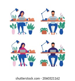 Working at home, concept illustration. Young people, man and woman freelancers working on laptops and computers at home. People at home in quarantine. Vector flat cartoon style illustration