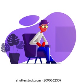 Working at home, concept illustration. Young people, man freelancers at home in chair.  Man at home in quarantine. Vector flat style illustration