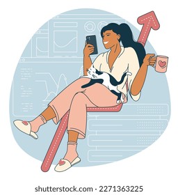 Working at home concept illustration. Young woman holding a cat running a successful growing business from home. Vector flat style illustration