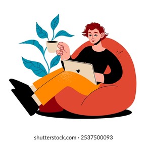 Ilustração do conceito de trabalho em casa. Jovem freelancer trabalhando em laptop em casa. Ilustração em estilo plano vetorial isolada no plano de fundo branco