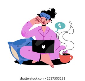 Ilustração do conceito de trabalho em casa. Jovem mulher freelancer trabalhando em laptop em casa. Ilustração em estilo plano vetorial