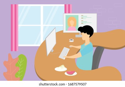 Trabajar en casa con un hombre que trabaja con una computadora y conocer a una mujer en los medios sociales.
