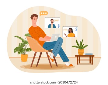 Working from home concept. Man sits on chair and communicates with colleagues and friends via video link. Teamwork at distance. Remote work. Cartoon flat vector illustration on a white background