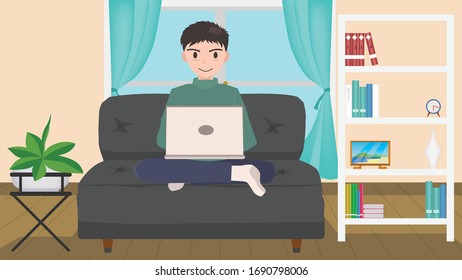 Working from home concept of man sitting on a sofa at home. Use notebook for work Problems from the Covid-19 virus.