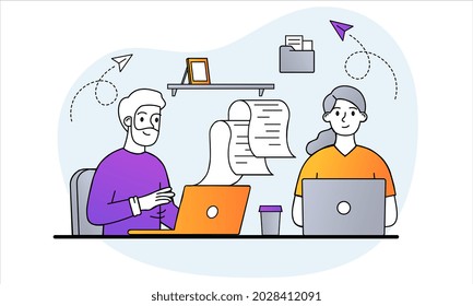 Working from home concept. Man and woman sitting at desk and working on project on laptops. Freelance and remote training. Cartoon doodle flat vector illustration isolated on a white background