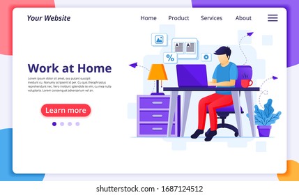 Von zu Hause Konzept, Ein Mann arbeiten auf Laptop, bleiben zu Hause in Quarantäne während der Coronavirus-Epidemie. Moderne flache Web-Landing-Page Design-Vorlage. Vektorillustration