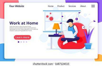 Working from home concept, A man work on laptop, stay at home on quarantine during the Coronavirus Epidemic. Modern flat web landing page design template. Vector illustration