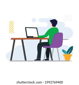 Trabajando desde el concepto del hogar, un hombre trabaja en laptop, se queda en casa en cuarentena durante la Epidemia del Coronavirus. plantilla de vector plano de la ilustración del sitio web de la página de destino.
