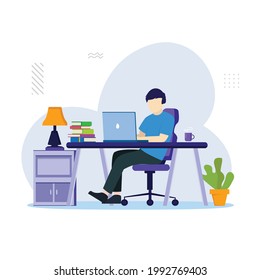 Working from home concept, A man work on laptop, stay at home on quarantine during the Coronavirus Epidemic. landing page website illustration flat vector template.