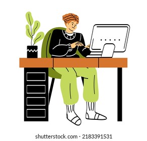 Working at home concept. Productive remote employee sits at desk and works on computer. Entrepreneur or freelancer completes project by deadline. Cartoon flat vector illustration in doodle style