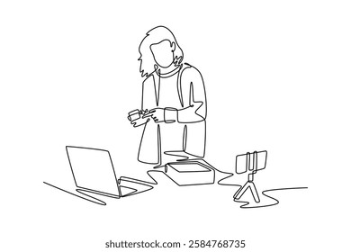 Working from home concept. Single line draw design vector graphic illustration.