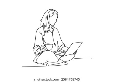 Working from home concept. Single line draw design vector graphic illustration.