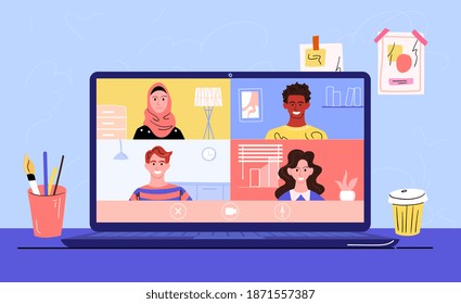 Working from home concept. Social isolation due to coronavirus. Flat cartoon vector illustration