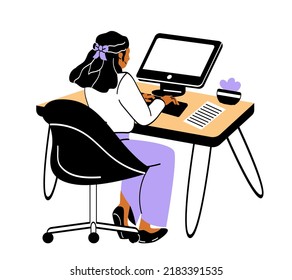 El concepto de trabajar en casa. El trabajo remoto, el diseñador gráfico o el desarrollador completan el proyecto en el equipo. Muchacha independiente en el escritorio. Dibujo vectorial plano de caricatura en estilo doodle