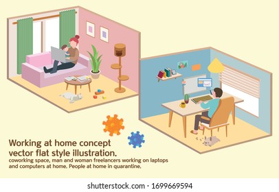 Trabajo en la ilustración de estilo isométrico plano vectorial doméstico. espacio de trabajo, hombres y mujeres independientes que trabajan en laptops y computadoras en casa. Gente en casa en cuarentena.