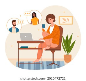 Working From Home Concept. Woman Sits At Home At Desk And Communicates With Colleague Via Video Link. Remote Work In The Context Of Pandemic. Conversation At Distance. Cartoon Flat Vector Illustration