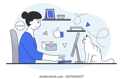 Trabajando desde el concepto de casa. Mujer sentada en su escritorio y trabajando en computadora. Distancia social, trabajo a distancia o trabajo independiente. Dibujo vectorial plano del doodle de dibujos animados aislado en fondo blanco