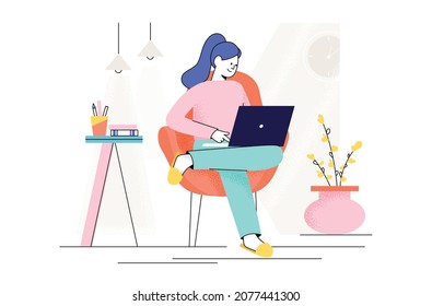 Working from home concept. Woman using laptop. Freelance. E-learning. Girl studying. Outsourced Employee. Flat Vector Illustration