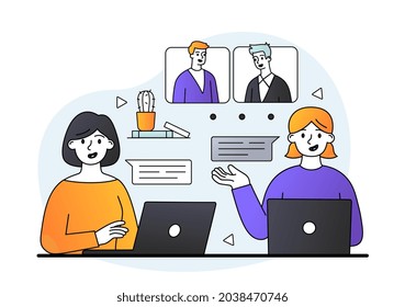 Working at home concept. Women sit at laptops and communicate with colleagues via video link. Online meeting with employees. Cartoon doodle flat vector illustration isolated on white background