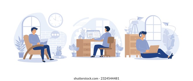  working at home concept, Work at the desk. Work in the living room. Working by the window. set flat vector modern illustration
