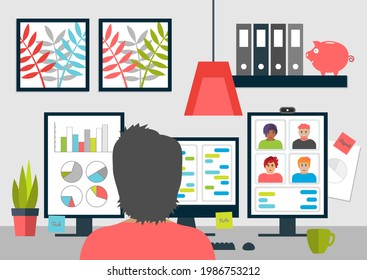 Working from home concept. A worker is working efficiently at home with multiple computer screens setup. Video conferencing is used to communicate and collaborate with co-workers.