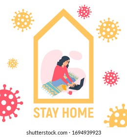 Working at home concept. Young girl working on a laptop at her home office in quarantine. Flatten the curve an outbreak of the COVID-19 virus. Social distance concept. Vector illustration