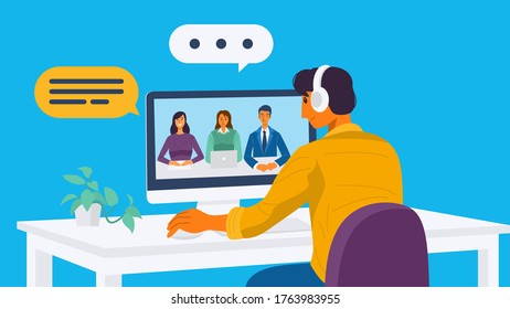 Working from home concept, A young man having video conference with his colleagues. Vector Illustration