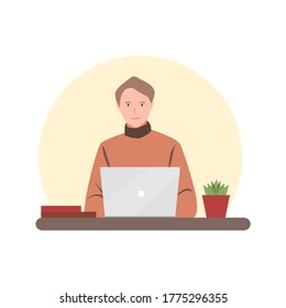 Working from home concept. Young man working on his laptop. Vector Illustration in flat style