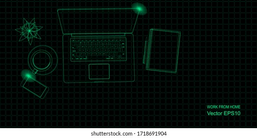 trabajar desde los conceptos de casa con dibujo digital verde de laptops, computadoras, café y smartphone.  ilustración de estilo plano vectorial de línea.