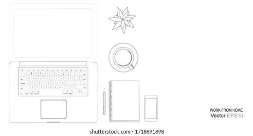 working from home concepts with line drawing of laptops, computers, coffee and smartphone.  line Vector flat style illustration.