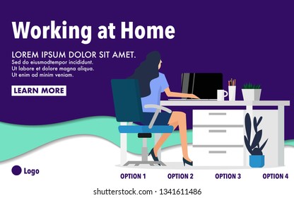 Working at home concept-website wallpaper or template of a woman is  working with her laptop on the desk with concept of the working at home in minimal modern style