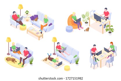 Working at home, couple freelancers online work and home office, vector isometric icons. Man and woman couple with laptops and computers work sitting on sofa, at desktop table and lying on floor