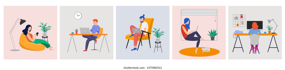 Working at home, coworking space, concept illustration. Young people, mаn and womаn freelancers working on laptops and computers at home. Vector flat style illustration - Shutterstock ID 1375982312