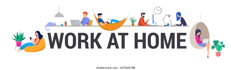 Working at home, coworking space, concept illustration. Young people, man and woman freelancers working on laptops and computers at home. People at home in quarantine. Vector flat style illustration