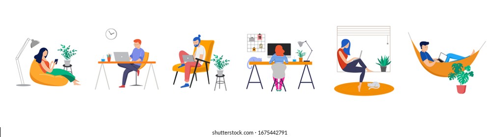 Lucrați acasă, spațiu de lucru, ilustrație conceptuală. Tinerii, bărbați și femei freelanceri care lucrează la laptopuri și computere la domiciliu. Oamenii de acasă în carantină. Ilustrație vectorială stil plat