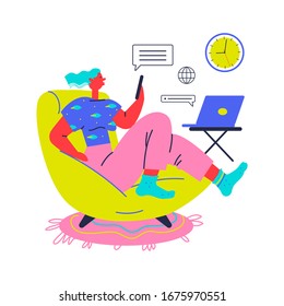 Working at home, coworking space, concept illustration. Young womаn freelancer working on laptop at home. Vector flat style illustration.