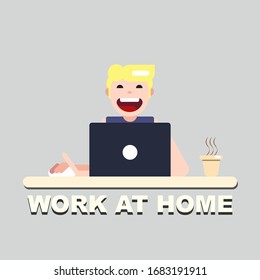 Working at home, coworking space, concept illustration. Young people, mаn and womаn freelancers working on laptops and computers at home. Vector flat style illustration